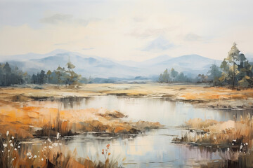 Painting of Serene Landscape with Tranquil Reflections and Mountainous Backdrop in Soft Pastel Colors. Calm Waters Reflecting Autumnal Grass and Distant Forest under a Peaceful Sky.