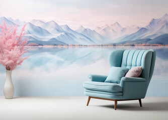 Modern Interior with Elegant Armchair and Soft Pastel Pink Décor Overlooking Tranquil Mountain Lake. Stylish Living Space Featuring Cozy Armchair and Pink Floral Accent with Serene Mountain Landscape.