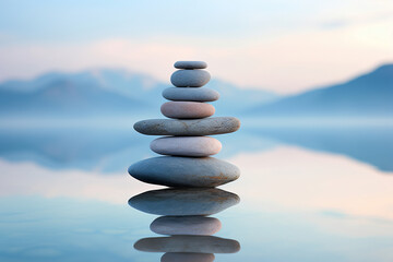 Serene Rock Balance Over a Calm Reflective Lake at Sunrise with Soft Blue and Pink Hues, Peaceful Zen Stone Stack on a Still Water Surface with Mountain Backdrop in Tranquil Morning Light.