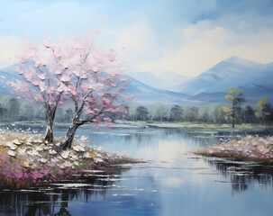 Painting of Serene Landscape with Cherry Tree by Tranquil Lake, Majestic Mountains, and Blue Skies. Peaceful Scene of Blooming Cherry Tree Reflecting on Calm Lake with Mountain Backdrop.