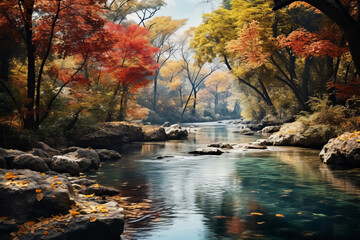 Fototapeta premium Autumnal River Pathway Through a Vibrant Forest Canopy. Serene Stream Winding Through a Kaleidoscope of Autumn Hues.