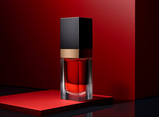 Elegant Glass Fragrance Bottle on Red and Black Minimalist Background, Highlighting Luxury. Luxurious Perfume Bottle with Gold Accents in Modern Red Setting for High-End Branding.