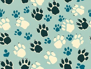 Fototapeta premium A pattern of blue and white paw prints on a blue background