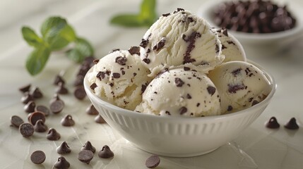 Mint Ice Cream Delight - High-Quality Close-up with Chocolate Chips on White Background | Hyperrealism Canon EOS K5 85mm Studio Shot
