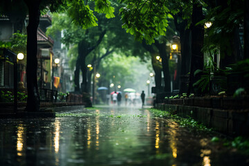 Rainy Street with Reflections, Greenery, and People Holding Umbrellas. Urban Path with Trees, Lanterns, and People Under Umbrellas in the Rain.