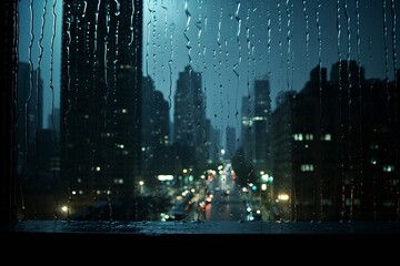 Rainy Night Cityscape Through a Wet Window with Blurred Street Lights and Dark Urban Skyline. Moody Urban Night View in the Rain with Raindrops on Glass Overlooking City Streets and Buildings.
