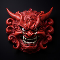Fototapeta premium Close-Up of an Intricate Red Hannya Mask Traditional Japanese Demon Artwork. Striking Red Hannya Mask Traditional Japanese Folklore Illustration.