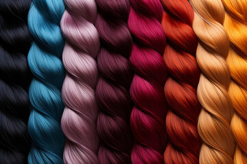 Vibrant Strands of silk in Multiple Colors Ranging from Black to Golden Yellow. Close-Up of Multicolored Silk Strands Showcasing Rich Textures and Diverse Hues.