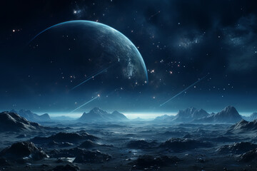 Sci-Fi Landscape of Distant Planet with Blue Gas Giant, Nebulae, and Rocky Terrain. Alien Planet with Mountainous Surface, Massive Planet, and Starry Cosmic Environment.