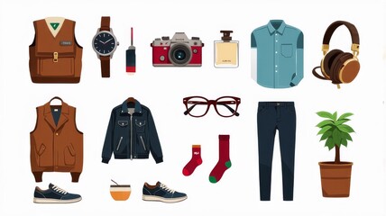 Stylish Men's Casual Outfit and Accessories Illustration - Trendy Clothing, Shoes, and Gadgets Collection