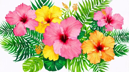 Obraz premium Vibrant Tropical Hibiscus Flowers and Green Foliage Illustration for Floral Design and Stationery