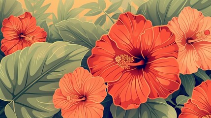 Obraz premium Vibrant Hibiscus Flowers Illustration with Lush Green Leaves Background