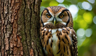 Obraz premium Close-Up Photograph of a Majestic Owl Perched on Tree Trunk in a Forest