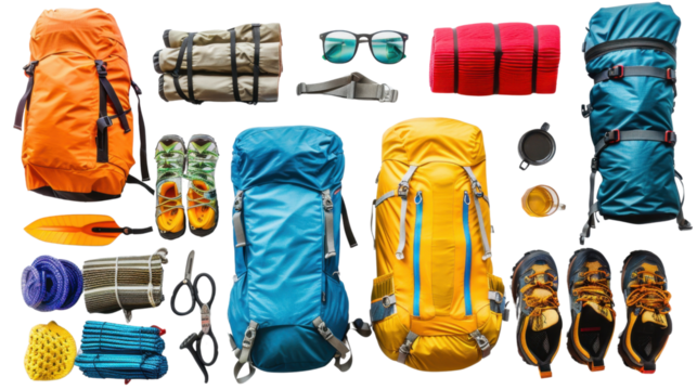 Hiking equipment on transparent background