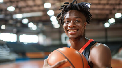 Basketball player holding a ball and smiling