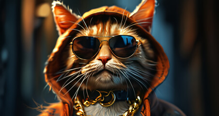 Cat wearing hoodie, gold chain and sunglasses