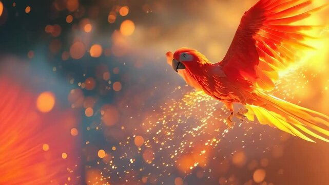 A vibrant, fiery red parrot soars through the air, wings extended wide, with glowing sparks trailing behind. The sunset sky casts a warm, golden glow, creating a dramatic and magical scene.