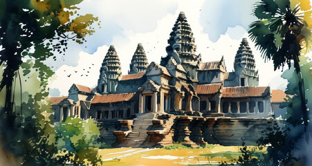Obraz premium Cambodian Angkor Wat watercolor painting
