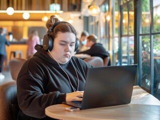 Fototapeta premium Young Woman in Cafe: Focused Work, Cozy Setting, Modern Environment 
