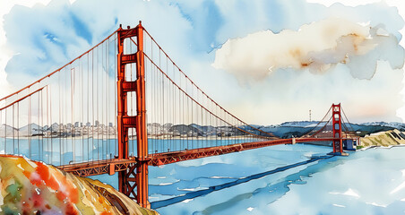Fototapeta premium American Golden Gate Bridge watercolor painting