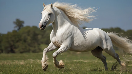 Fototapeta premium white horse running in field.