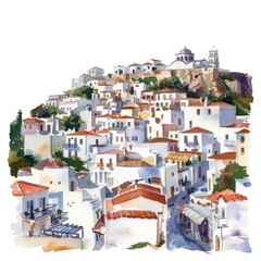 Watercolor painting of a Greek cityscape with white-washed buildings, winding streets, and glimpses of the Acropolis, on isolated white background, Generative AI