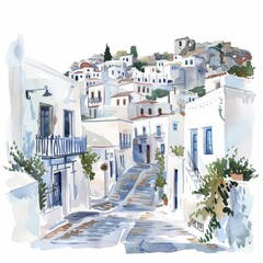 Watercolor painting of a Greek cityscape with white-washed buildings, winding streets, and glimpses of the Acropolis, on isolated white background, Generative AI