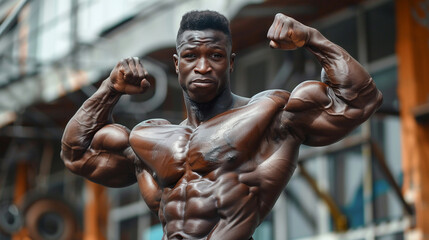 Portrait of a bodybuilder flexing muscles