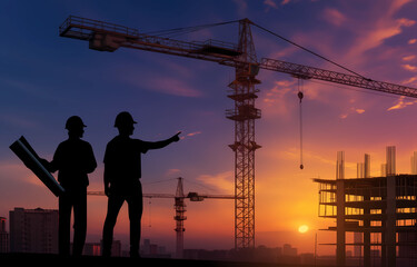 silhouette of two construction workers with helmet and holding rolled up blueprints