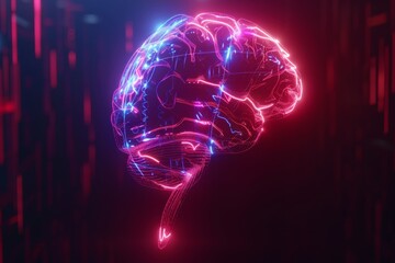 Glowing brain with digital network connections symbolizing AI and advanced technology.