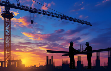 silhouette of two construction workers with helmet and holding rolled up blueprints
