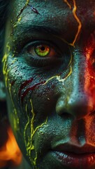 A man with a green eye and a red and yellow eye.