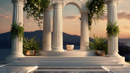 This grand podium, adorned with massive Roman pillars, rises majestically against a clear blue sky, embodying the elegance and strength of ancient architecture.
