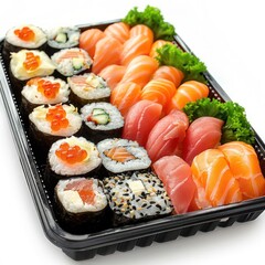 a tray of sushi and salmon on a white background