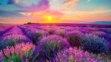 Fototapeta premium A field of lavender in full bloom, stretching to the horizon under a serene sunset sky 