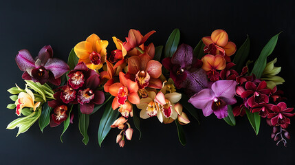 Obraz na płótnie Canvas An arrangement of exotic orchids in various colors, showcasing their unique shapes and vibrant hues 