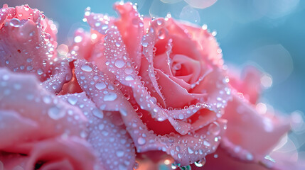 Close-up of delicate pink roses with dew drops glistening on their petals, capturing the freshness of the morning 
