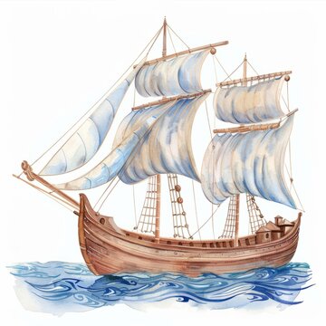 recommend clip art: Watercolor painting of a Greek trireme sailing on the Aegean Sea, with billowing sails and intricate detailing, on isolated white background, Generative AI