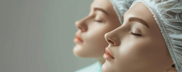 Beauty technicians using 3D imaging for eyelid lift and tummy tuck, steampunk style, sepia tones, mechanical elements