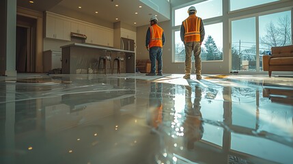 Two construction workers wearing safety vests inspecting a modern interior with large windows and freshly polished flooring.
