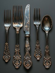 Antique Silverware Set on a Dark Background