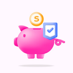 3d minimal vector Secure your savings with this pink piggy bank icon, featuring a gold coin and a blue shield with a checkmark for financial safety. Ideal for finance, security, and banking themes