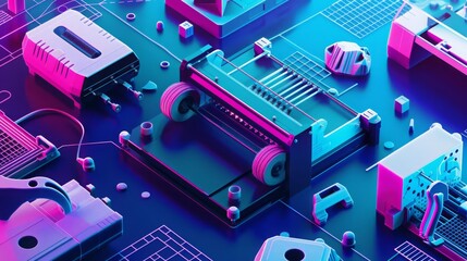 Hightech startup incubator with 3D printers creating products top view highlighting rapid prototyping technology advanced tone Tetradic color scheme