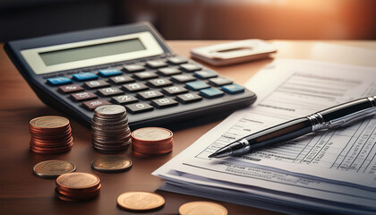 Tax Record, Calculator, A Few Coins, Banknotes, Book, Tax Record, and Pen on the Desk