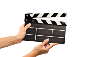 hand holding clapper board on transparent background 