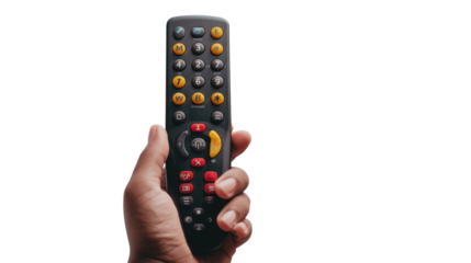 Hand holding tv remote on transparent background