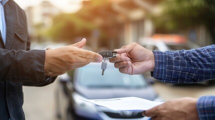 A car salesman or sales manager hands over car keys to a new owner explains and reads the terms of signing a car contract for the purchase to buy a brand-new luxury car and insurance.