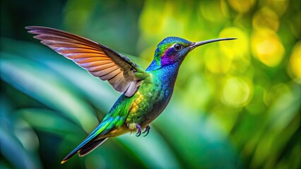 Fototapeta premium Vibrant image of a colibri flying in the lush jungle , colibri, hummingbird, bird, wildlife, jungle, nature, greenery, vibrant