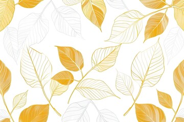 A pattern with a cartoonistic illustration of a white and gold leaves white background. Thick cartoon