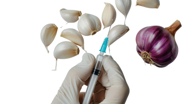 Hand holding vaccine and garlic on transparent background